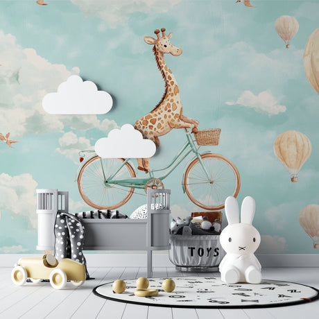 Sweet giraffe hot air balloon wallpaper creating magic in a modern nursery with mint accents