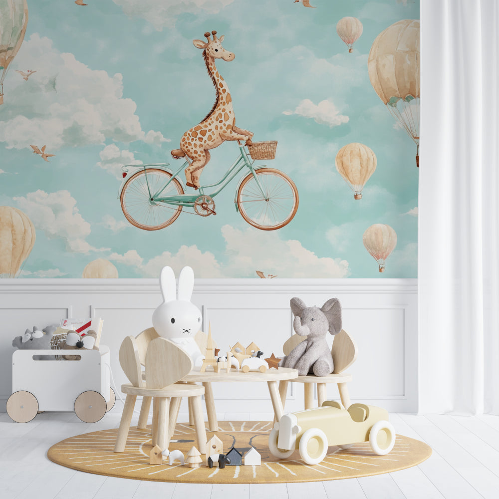 Playroom decorated with fun giraffe and hot air balloon wallpaper creating adventure vibes