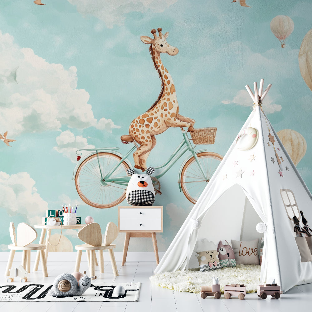 Baby room with gentle turquoise giraffe wallpaper making a perfect accent wall