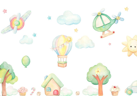 Hot air balloon and aircraft design file showing full pattern with soft pastel colors and whimsical elements