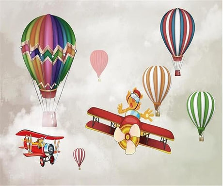 Design file of hot air balloons and vintage airplane pattern on soft sky background