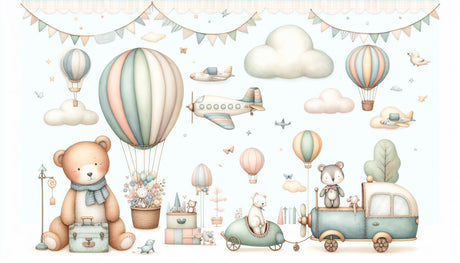Hot air balloon and teddy bears design file showing full pattern detail with pastel colors and watercolor effects