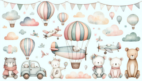 Hot air balloon and teddy bears design file featuring gentle pastel colors and playful pattern details