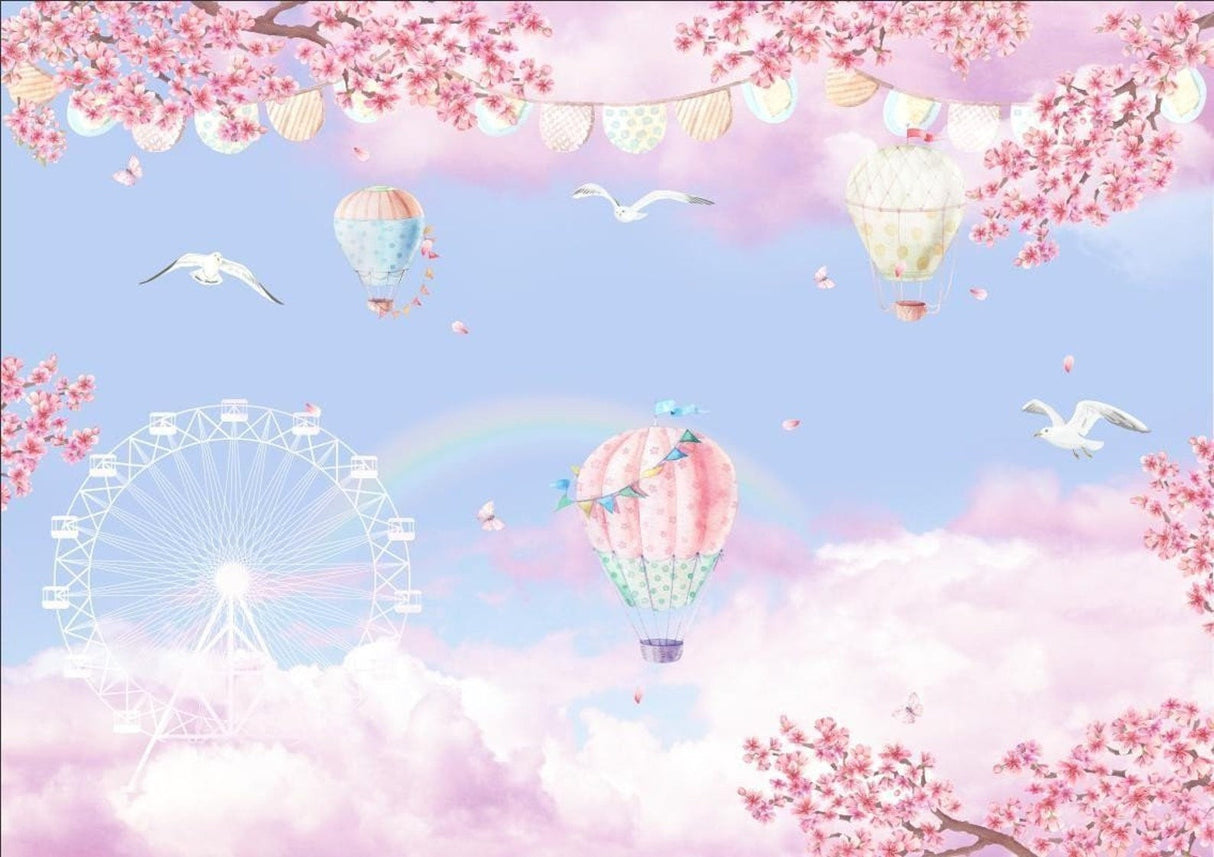 Hot air balloon and cherry blossom design file showing intricate pattern details and soft color palette
