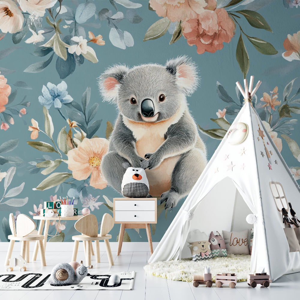 Sweet koala wallpaper featured in modern playroom with reading nook and soft furnishings