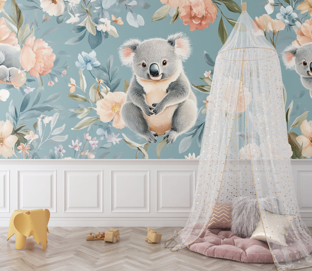 Floral koala mural wallpaper in baby's room with pink and sage accents