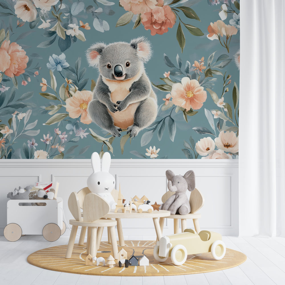 Kids room with koala garden wallpaper showing scale and color matching with decor