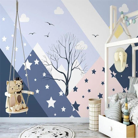 Mountain stars wallpaper in cozy nursery with white crib and soft lighting showing peaceful bedtime setting