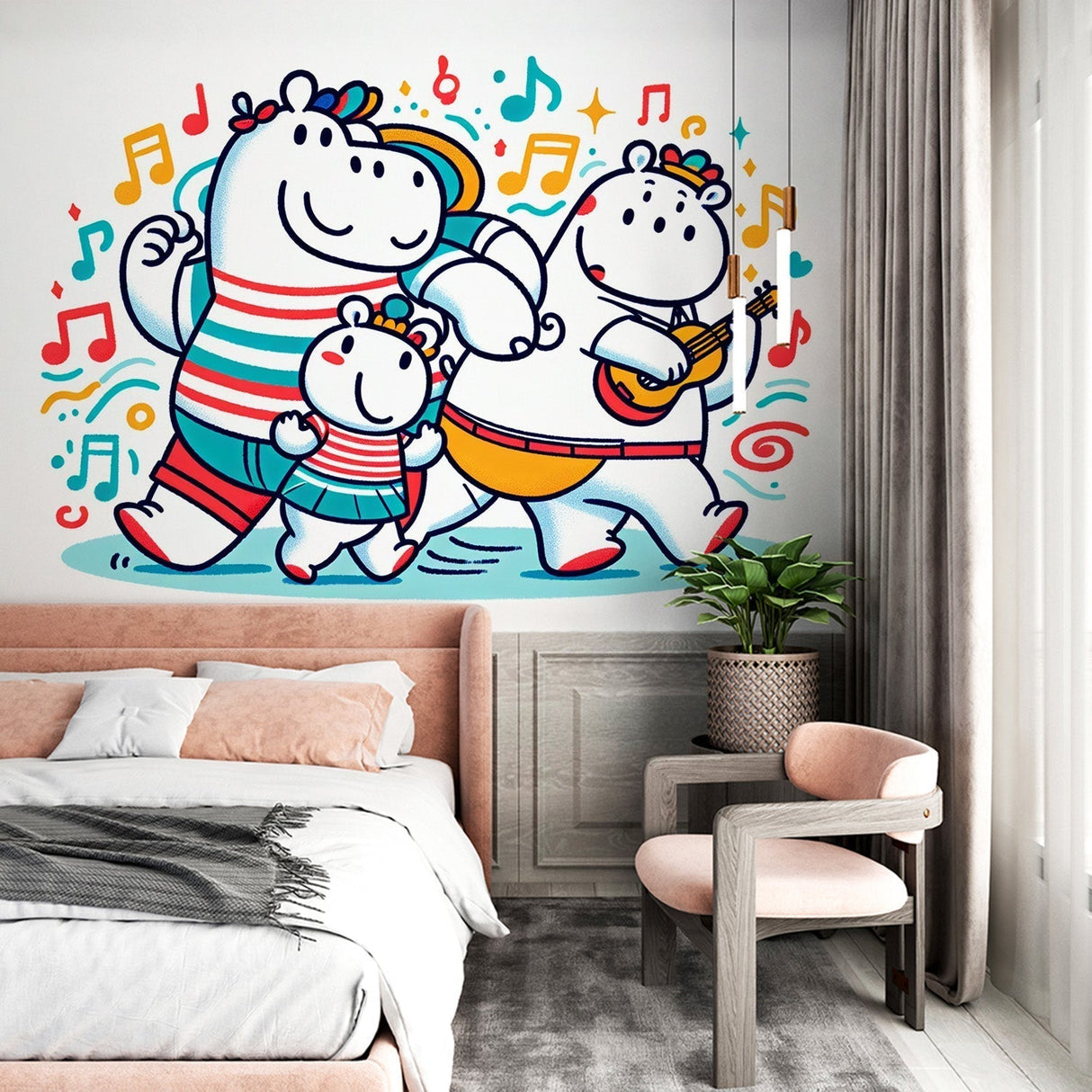 Musical Hippos family wallpaper creating a playful atmosphere in a bright children's bedroom with colorful furniture