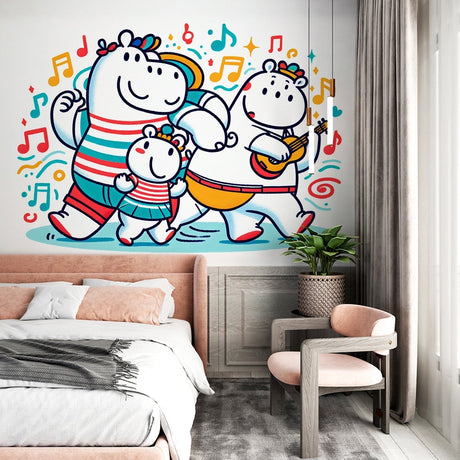 Musical Hippos family wallpaper creating a playful atmosphere in a bright children's bedroom with colorful furniture