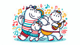 Musical Hippos wallpaper design file showing dancing hippo family with musical notes pattern
