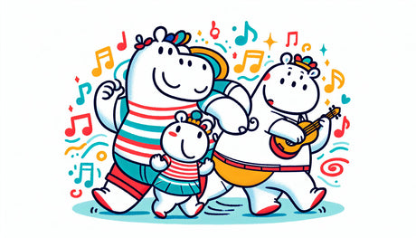 Musical Hippos wallpaper design file showing dancing hippo family with musical notes pattern