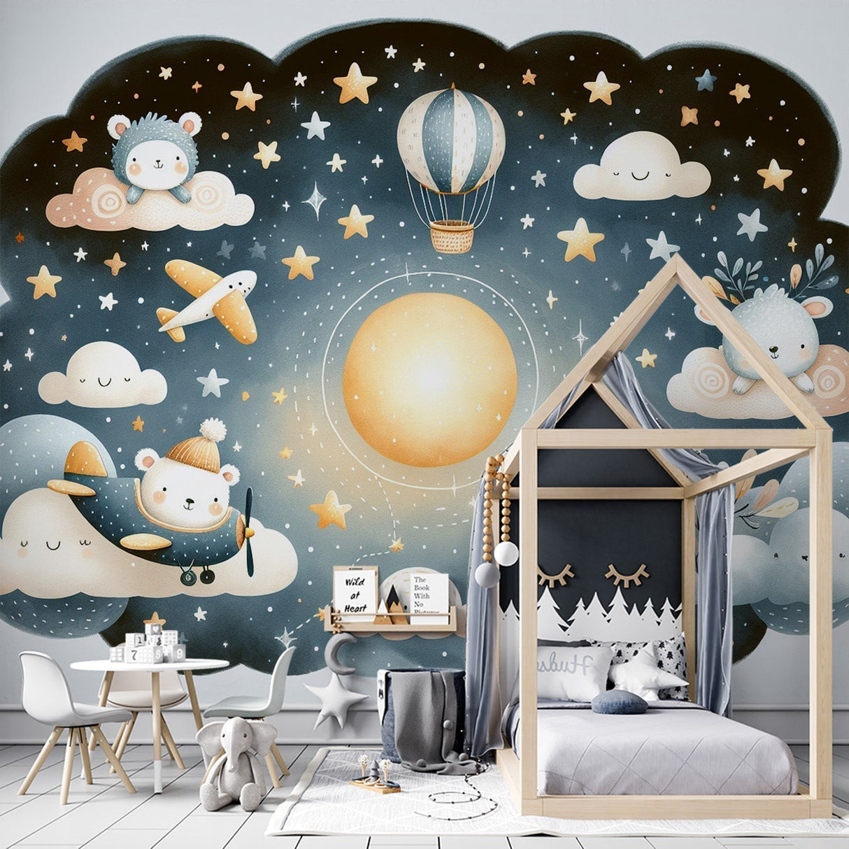Night sky kids wallpaper mural in a cozy nursery, showing floating animals and stars above a wooden crib