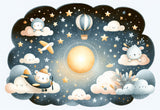Night sky nursery wallpaper design file with dreamy animals, moon, and stars pattern