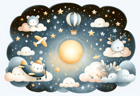 Night sky nursery wallpaper design file with dreamy animals, moon, and stars pattern