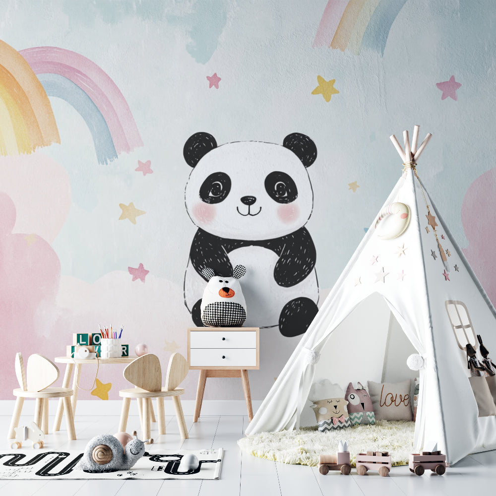 Sweet Panda nursery wallpaper with rainbows displayed in a bright nursery with white furniture