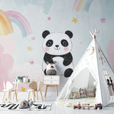Sweet Panda nursery wallpaper with rainbows displayed in a bright nursery with white furniture
