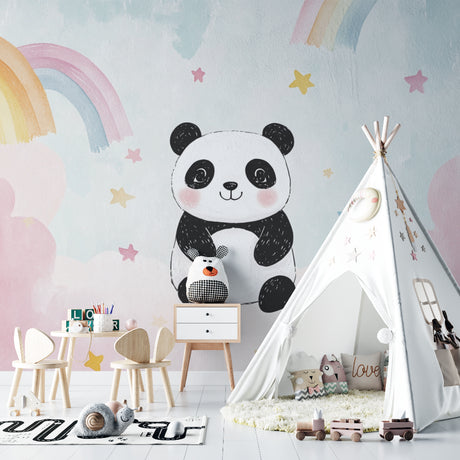 Sweet Panda nursery wallpaper with rainbows displayed in a bright nursery with white furniture