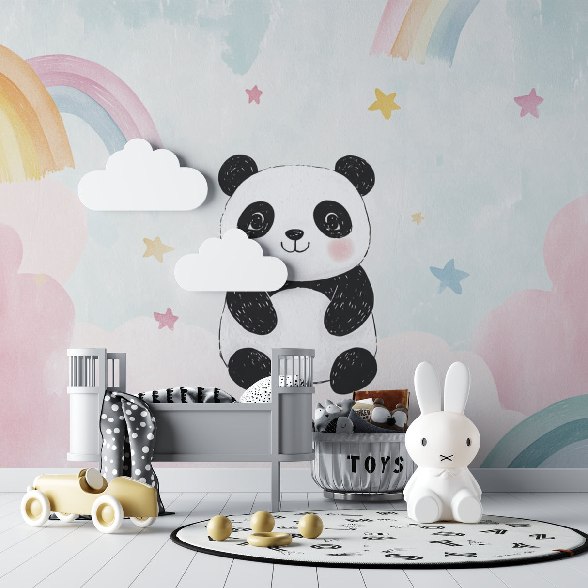 Panda wall mural with pastel rainbows in a cozy reading nook setting