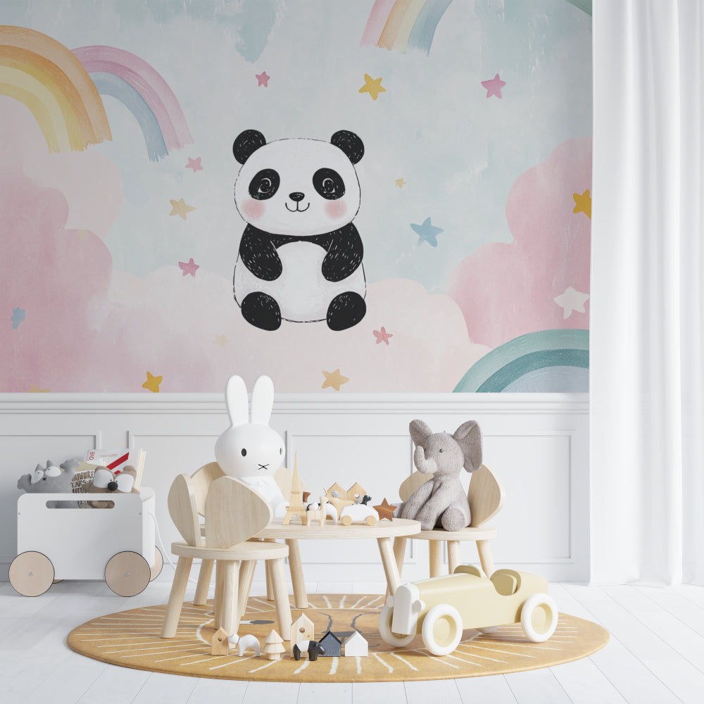 Baby room showcase of Panda wallpaper with matching pastel decor
