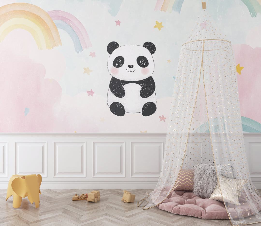 Playroom setting with Panda and rainbow wallpaper creating magical atmosphere