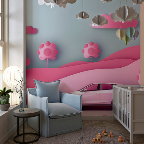 Pink car wallpaper in modern nursery with white furniture showing 3D depth effect