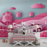 3D car mural in girl's bedroom creating magical atmosphere with soft lighting