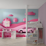 Kids room featuring pink car wallpaper with matching pink curtains and decor