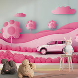 Playroom wall with 3D car design showing scale and pattern repeat