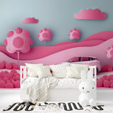 Pink nursery with car wallpaper highlighting the cloud details and depth