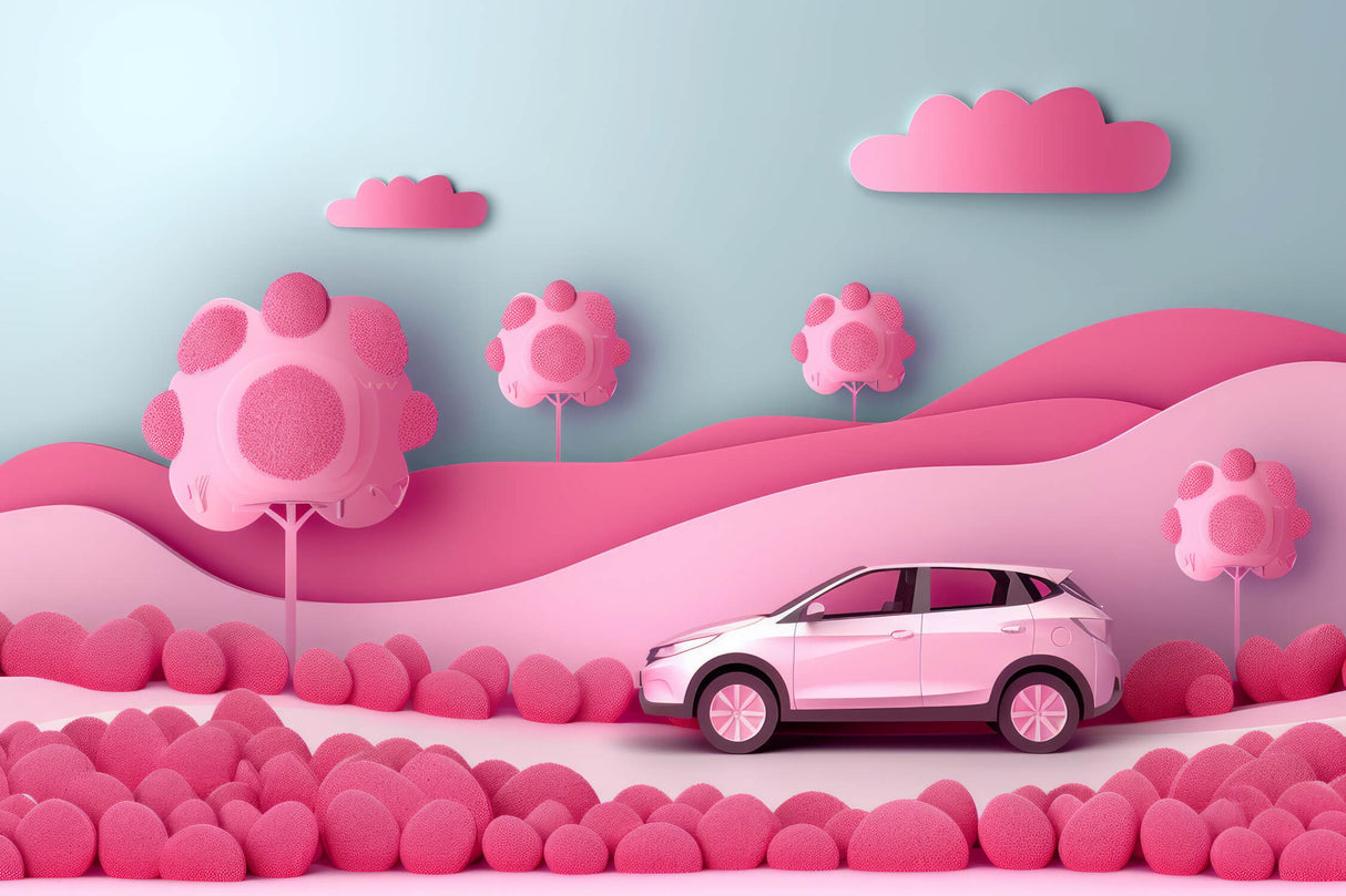 Design file of Pink 3D Car and Clouds pattern showing full wallpaper design