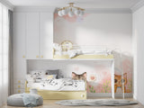 Pink leaves and hearts wallpaper paired with neutral decor in a modern playroom