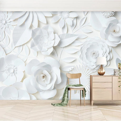 Pink castle wallpaper with mountains creating a magical atmosphere in a modern nursery with white furniture