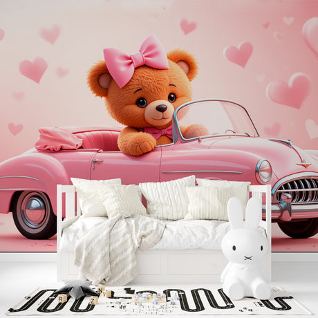 Pink teddy bear wallpaper in a cozy nursery with white furniture and soft lighting