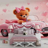 Kids room wall mural featuring teddy bear in vintage car, shown in modern playroom