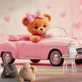 Pink nursery wallpaper displayed in baby girl's room with matching decor