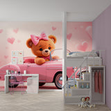Children's bedroom with teddy bear car mural wallpaper creating warm atmosphere