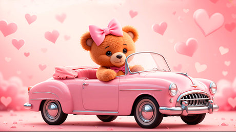 Design file showing full pattern of pink teddy bear driving vintage car with floating hearts