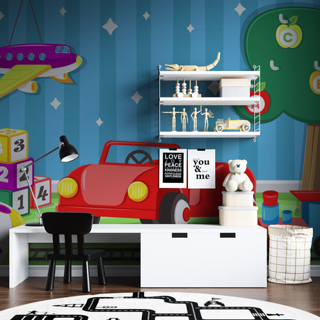 Kids transport wallpaper bringing adventure to a modern playroom with red car and purple airplane design