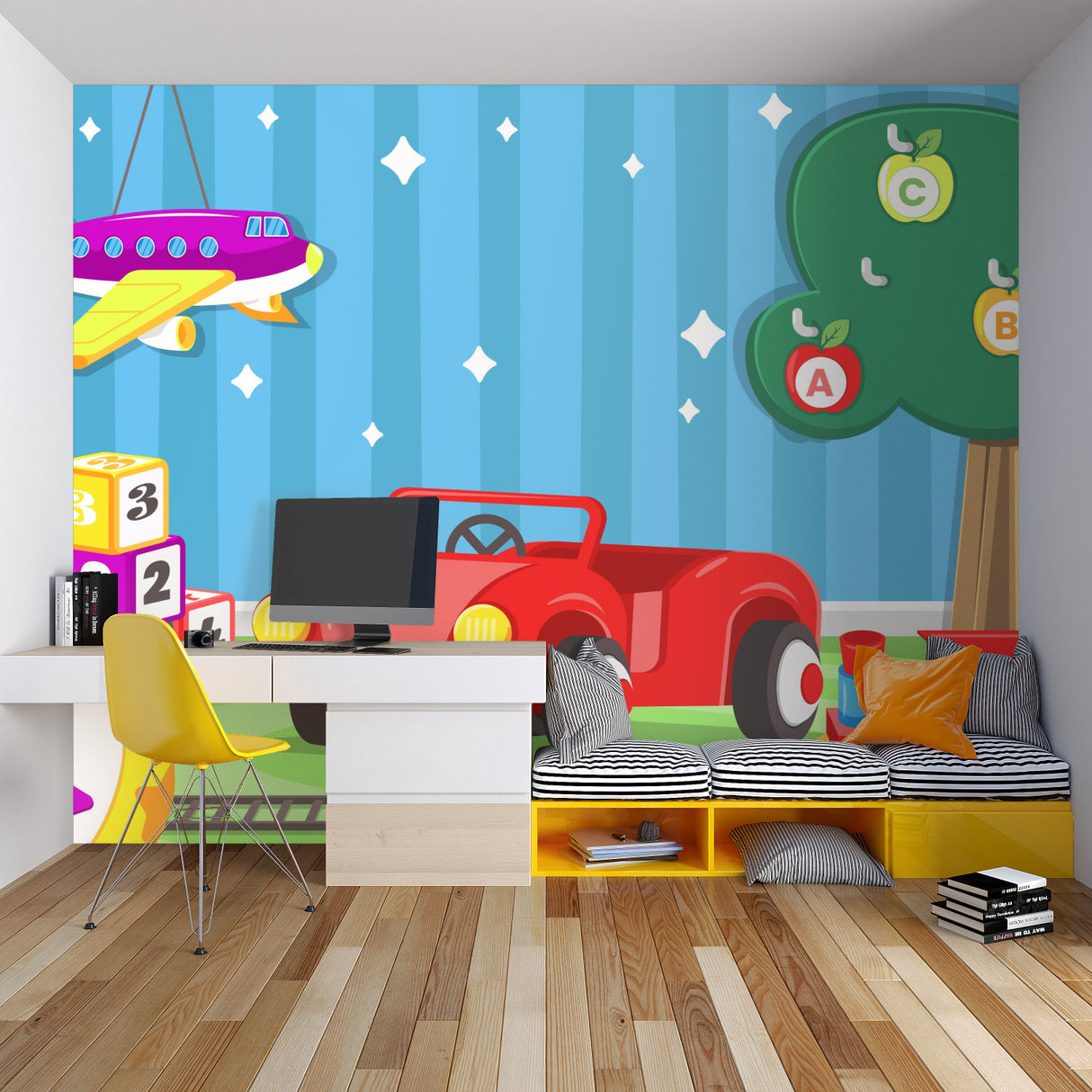 Educational kids wall mural displayed in a cozy bedroom showing alphabet and number elements