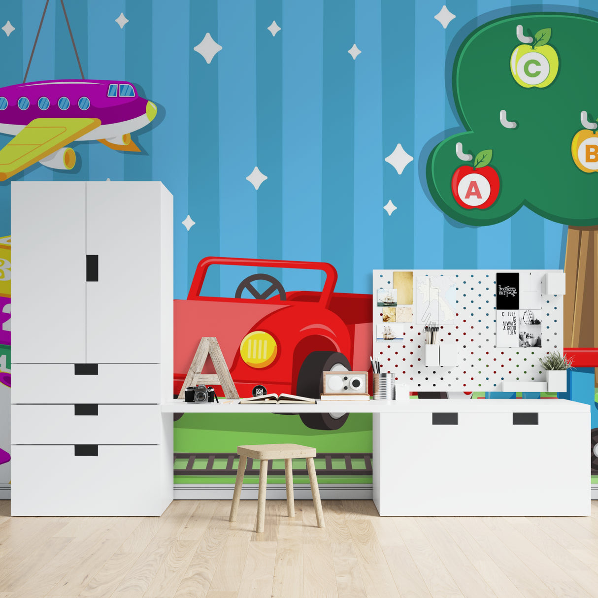 Car and airplane wallpaper brightening up a nursery with its playful design