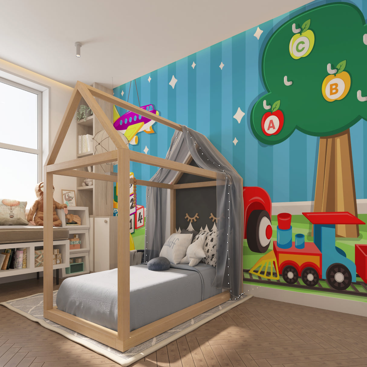 Kids adventure mural installed in a bright modern kindergarten classroom