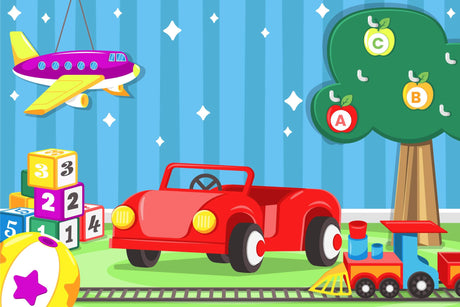 Design file of kids transport wallpaper with cars, airplanes, and educational elements
