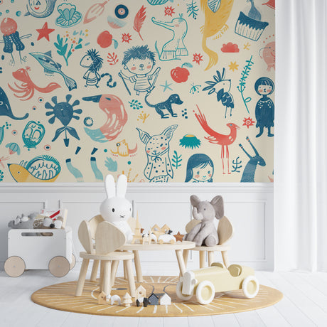 Hand-drawn animal wallpaper creating a cozy atmosphere in a modern nursery with natural light