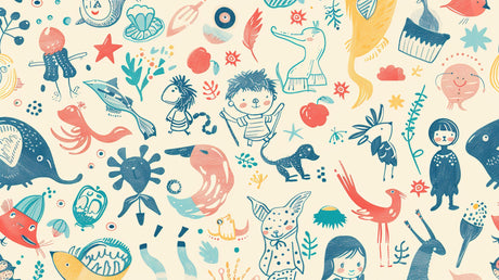 Hand-drawn animals and stars pattern design file showing intricate details and motifs