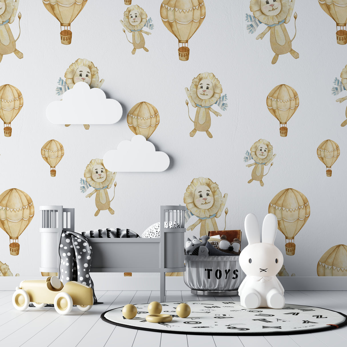 Kids bedroom accent wall with lion and hot air balloon mural in natural light