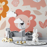 Playroom with pink lion wallpaper showing scale and playful atmosphere