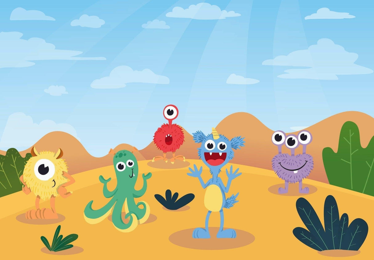 Monster characters wallpaper design file showing full pattern with playful creatures and desert scene