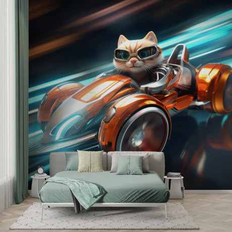 Racing cat wallpaper brings fun to modern kids bedroom with blue and orange accents