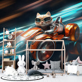 Sports car cat mural livens up playroom with dynamic racing scene